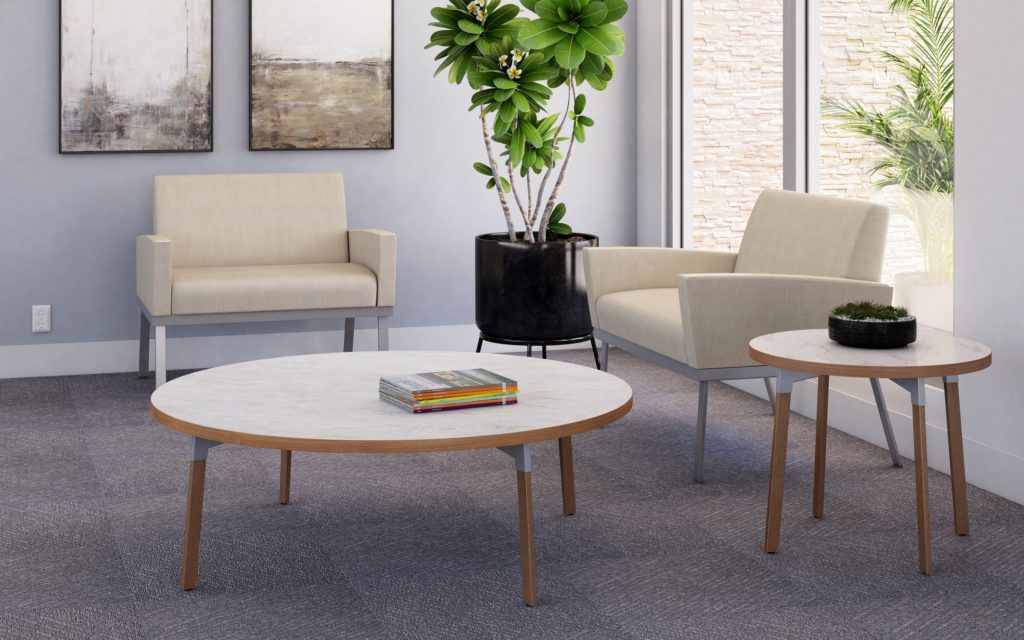 Dune Occasional Tables, shown with Round Tops and Wood Leg